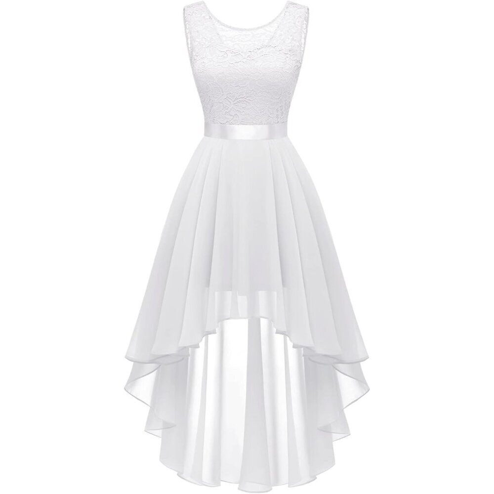 BeryLove Women White Chiffon Scoop Neck Sleeveless Lace Cocktail Formal Dresses